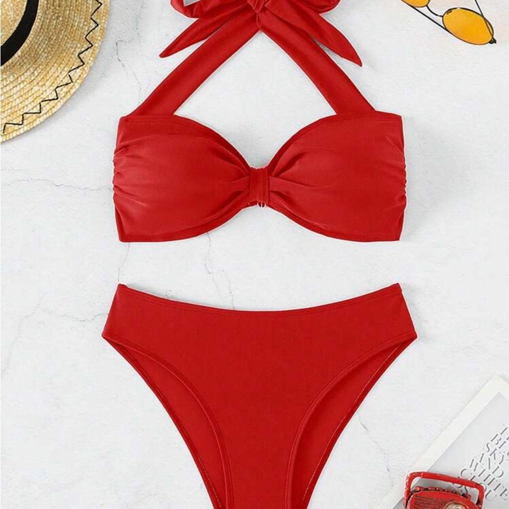 Swim Solid Color Ruffled Separable Bikini Set, Summer Beach - Picture 2 of 4
